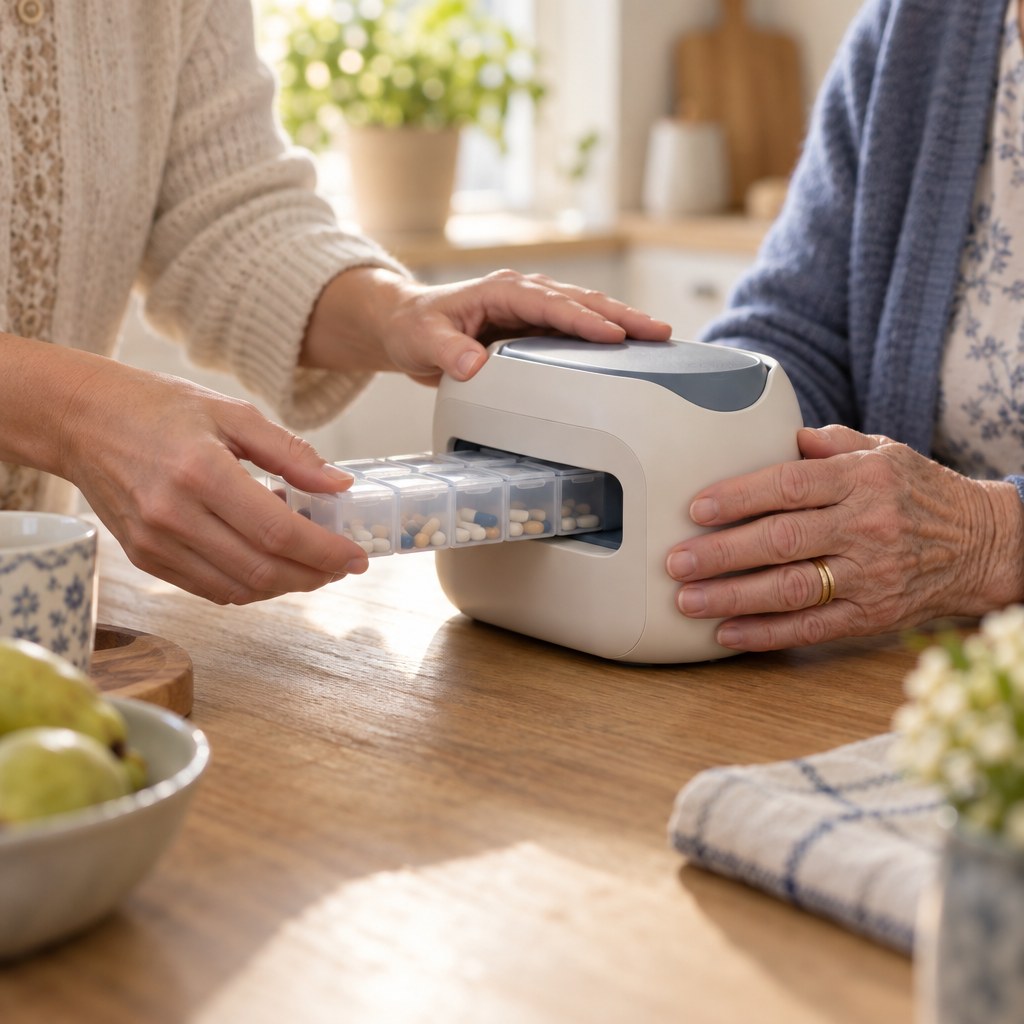 A caregiver and an older parent setting up Kinvora Guard together at the kitchen table